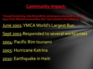 Community Impact:
Through fundraising, rebuilding efforts and programs designed to rekindle
hope in the affected communiti...