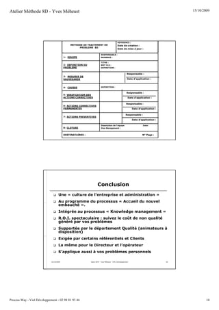 Atelier Méthode 8D - Yves Méheust                                                                                                        15/10/2009




                                                                                             REFERENCE :
                                              METHODE DE TRAITEMENT DE                       Date de création :
                                                   PROBLEME 8D
                                                                                             Date de mise à jour :

                                                                         RESPONSABLE :
                                          1- EQUIPE                      MEMBRES :

                                                                         TITRE :
                                          2- DEFINITION DU               MOT CLE :
                                          PROBLEME                       DEFINITION :


                                                                                                        Responsable :
                                          3- MESURES DE
                                          SAUVEGARDE                                                    Date d’application :


                                          4- CAUSES                      DEFINITION :


                                                                                                        Responsable :
                                          5- VERIFICATION DES
                                          ACTIONS CORRECTIVES                                            Date d’application :

                                                                                                       Responsable :
                                          6- ACTIONS CORRECTIVES
                                          PERMANENTES                                                        Date d’application :

                                                                                                       Responsable :
                                          7- ACTIONS PREVENTIVES
                                                                                                             Date d’application :

                                                                         Dissolution de l’équipe                      Date :
                                          8- CLOTURE                     Visa Management :


                                          DESTINATAIRES :                                                            N° Page :




                                                                    Conclusion
                                     Une « culture de l’entreprise et administration »
                                     Au programme du processus « Accueil du nouvel
                                     embauché ».
                                     Intégrée au processus « Knowledge management »
                                     R.O.I. spectaculaire : suivez le coût de non qualité
                                     généré par vos problèmes
                                     Supportée par le département Qualité (animateurs à
                                     disposition)
                                     Exigée par certains référentiels et Clients
                                     La même pour le Directeur et l’opérateur
                                     S’applique aussi à vos problèmes personnels

                             15/10/2009                      Salon QOP - Yves Méheust - VIEL Développement                          20




Process Way - Viel Développement - 02 98 01 93 46                                                                                                10
 