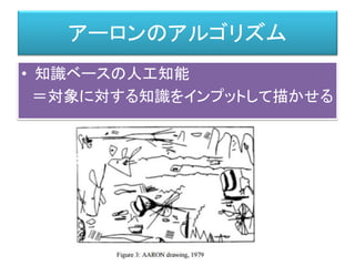 アーロンのアルゴリズム
• 知識ベースの人工知能
＝対象に対する知識をインプットして描かせる
 