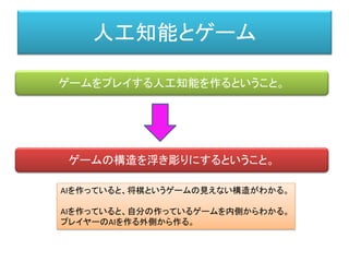人工知能とゲーム
ゲームをプレイする人工知能を作るということ。
ゲームの構造を浮き彫りにするということ。
AIを作っていると、将棋というゲームの見えない構造がわかる。
AIを作っていると、自分の作っているゲームを内側からわかる。
プレイヤーのAIを作る外側から作る。
 