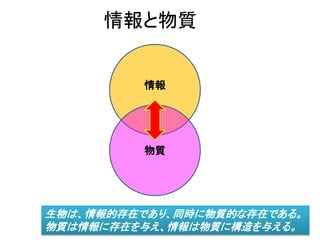 情報と物質
情報
物質
生物は、情報的存在であり、同時に物質的な存在である。
物質は情報に存在を与え、情報は物質に構造を与える。
 
