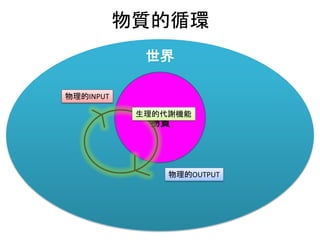 世界
物質的循環
物質
物理的INPUT
物理的OUTPUT
生理的代謝機能
 