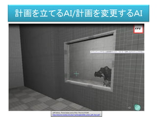 計画を立てるＡＩ/計画を変更するＡＩ
Jeff Orkins, Three States and a Plan: The AI of FEAR
http://alumni.media.mit.edu/~jorkin/gdc2006_orkin_jeff_fear.pdf
 