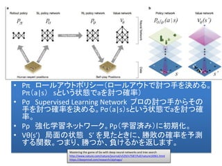 • Pπ ロールアウトポリシー（ロールアウトで討つ手を決める。
Pπ（a|s） sという状態でaを討つ確率）
• Pσ Supervised Learning Network プロの討つ手からその
手を討つ確率を決める。Pσ（a|s）sという状態でaを討つ確
率。
• Pρ 強化学習ネットワーク。Pρ（学習済み）に初期化。
• Vθ(s’) 局面の状態 S’ を見たときに、勝敗の確率を予測
する関数。つまり、勝つか、負けるかを返します。
Mastering the game of Go with deep neural networks and tree search
http://www.nature.com/nature/journal/v529/n7587/full/nature16961.html
https://deepmind.com/research/alphago/
 