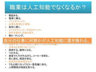 • 朝起きる。
• 電車に乗る。
• メイルをチェック。
• 必要な事項など返信。
• 会社に着く。
• メイルをチェック。予定をチェック。
• 要件を検討し内容を返す。
• 朝ミーティング。
• それぞれの要件を確認。
• 技術的な設計文書を書く。
• 相談する。プログラムして貰う。/ プログラムを書く。
• 出来ると社内に持っていく。
• 説得する。論争になる。
• つかれる。
• 食堂でたそがれながら、コーヒーを飲む。
• 机に返る。相談が来る。
• 技術的な解決策を示す。
• でも心配になってもう一度危機に来る。
• 人間関係の相談を受ける。
職業は人工知能でなくなるか？
自分の仕事に何割かが人工知能に置き換わる。
 