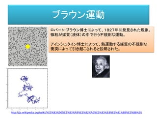 ブラウン運動
ロバート・ブラウン博士によって、１８２７年に発見された現象。
微粒が媒質（液体）の中で行う不規則な運動。
アインシュタイン博士によって、熱運動する媒質の不規則な
衝突によって引き起こされると説明された。
http://ja.wikipedia.org/wiki/%E3%83%96%E3%83%A9%E3%82%A6%E3%83%B3%E9%81%8B%E5%8B%95
 
