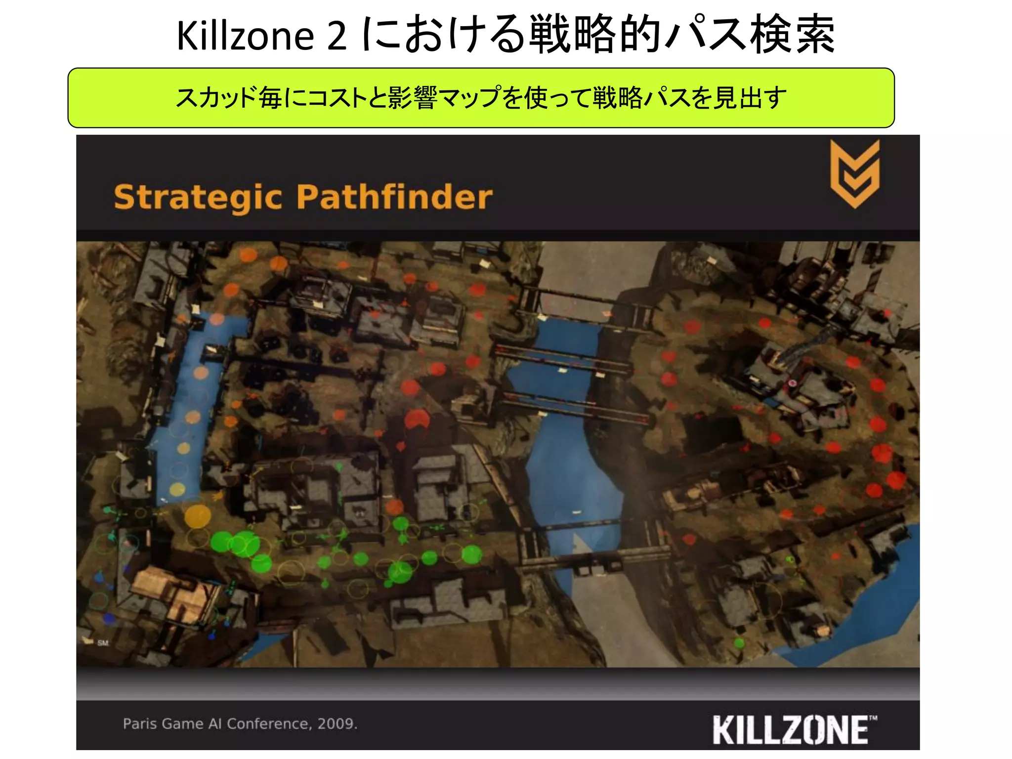 Killzone 2 における戦略的パス検索
スカッド毎にコストと影響マップを使って戦略パスを見出す
 