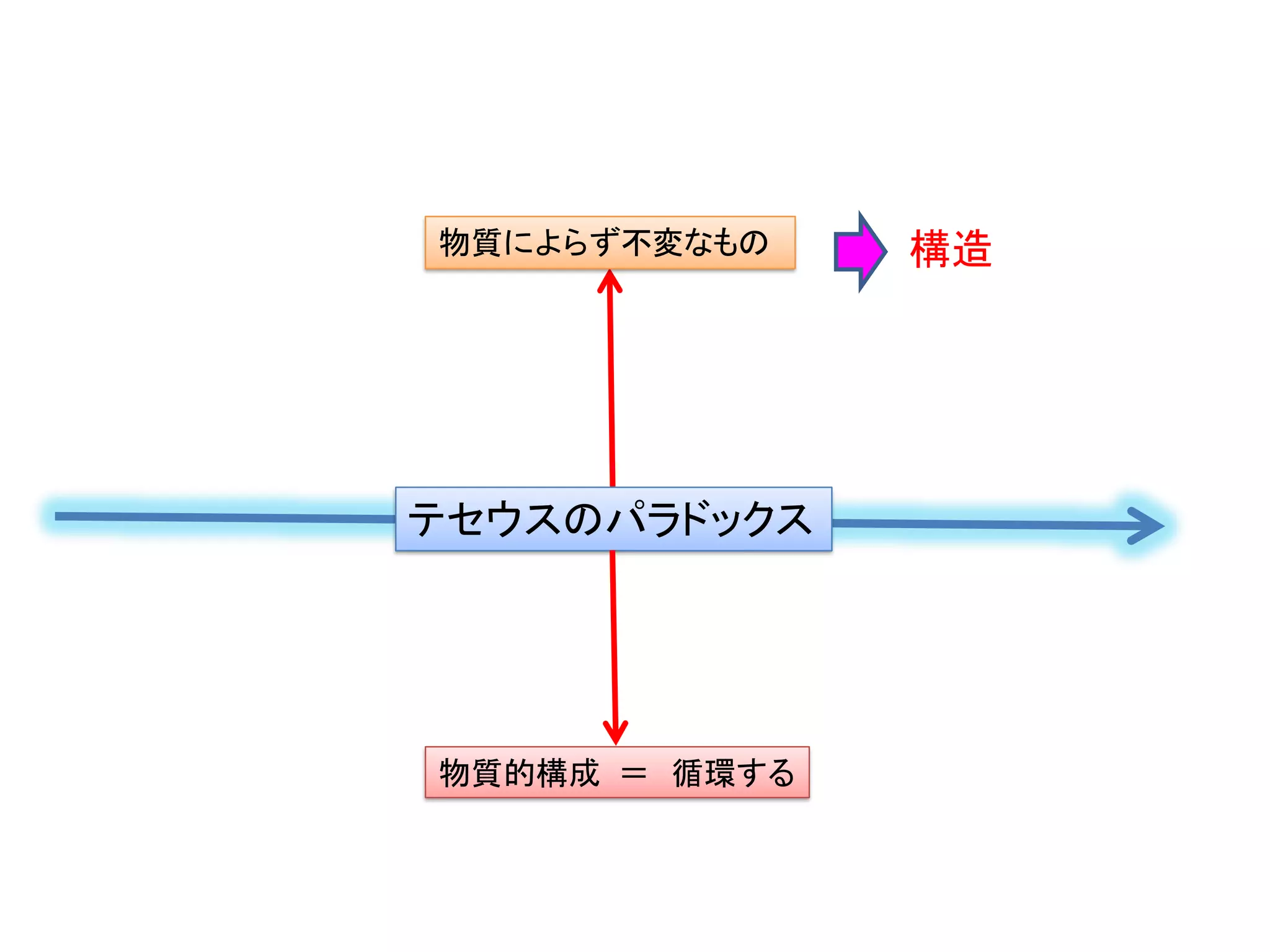 テセウスのパラドックス
物質的構成 ＝ 循環する
物質によらず不変なもの 構造
 