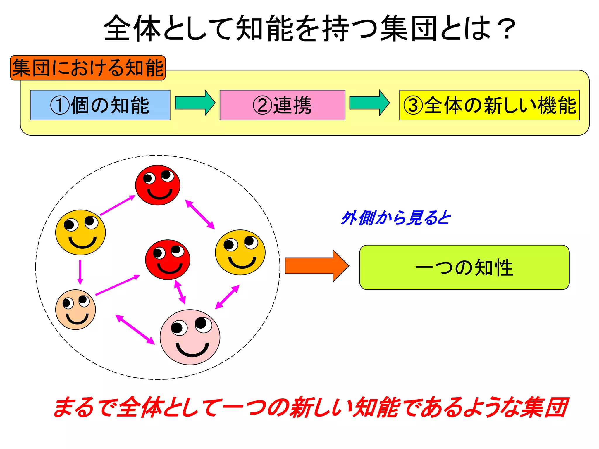 全体として知能を持つ集団とは？
一つの知性
外側から見ると
まるで全体として一つの新しい知能であるような集団
集団における知能
①個の知能 ②連携 ③全体の新しい機能
 