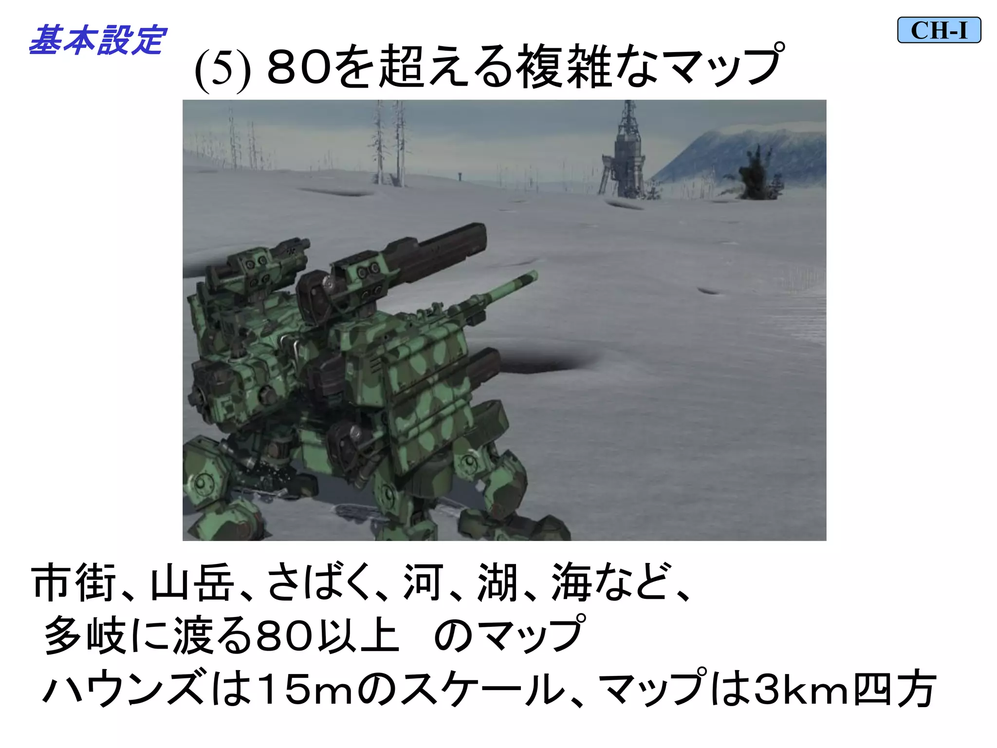 (5) ８０を超える複雑なマップ
市街、山岳、さばく、河、湖、海など、
多岐に渡る８０以上 のマップ
ハウンズは１５ｍのスケール、マップは３ｋｍ四方
CH-I
基本設定
 
