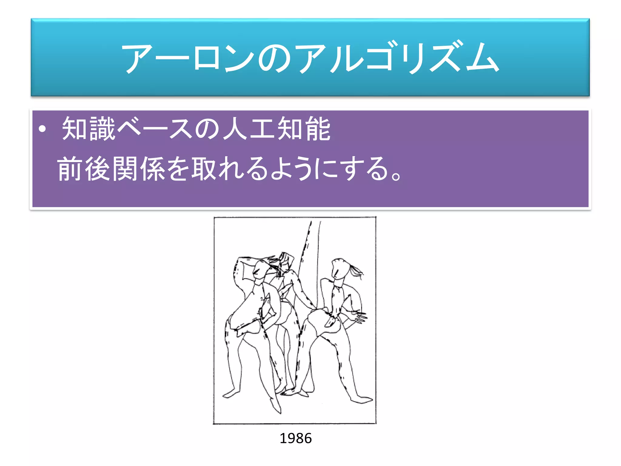 アーロンのアルゴリズム
• 知識ベースの人工知能
前後関係を取れるようにする。
1986
 