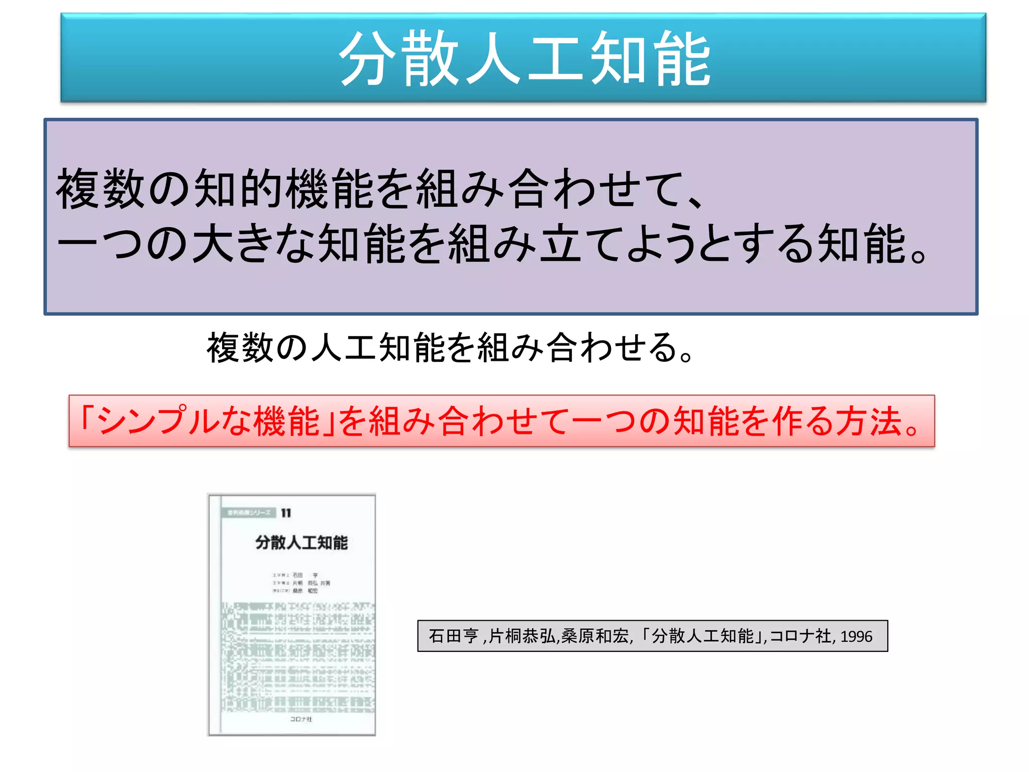 分散人工知能
複数の知的機能を組み合わせて、
一つの大きな知能を組み立てようとする知能。
複数の人工知能を組み合わせる。
石田亨 ,片桐恭弘,桑原和宏, 「分散人工知能」,コロナ社, 1996
「シンプルな機能」を組み合わせて一つの知能を作る方法。
 