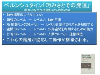 ベルンシュタイン「巧みさとその発達」
(原著：1940-年代, 英語版：1996, 翻訳:2003)
• 動作構築のレベル (P.132)
• 緊張のレベル ー レベルＡ 動的平衡
• 筋-関節リンクのレベル ー レベルＢ 動作のリズムを制御する
• 空間のレベル － レベルＣ 外部空間を利用するための能力
• 行為のレベル － レベルＤ 人間のレベル 連鎖構造
• これらの階層が協応して動作が構築される。
 