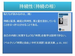 持続性（持続の相）
私たちが試みるのは、（略）
持続と延長、継起と同時性、質と量を混合している
ことをはっきりとさせることである。
自己の内部に知覚するような「時間」を数学は説明できない。
（ベルクソン「時間と自由」（中村文郎訳）岩波文庫、p.10、303）
 