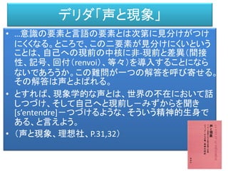 過去の自己/現在の自分/未来の自分
St=k-1
St=k
St=k+1
ロゴス（記号）
ロゴス（記号）
ロゴス（記号）
私が語る（ロゴス）、を私
が聴くという状況
差延
差延
語る
語る
 