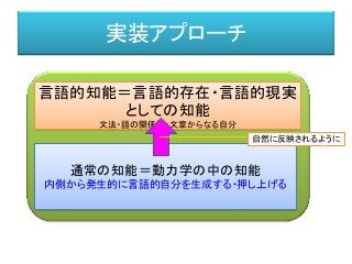 実装アプローチ
通常の知能＝動力学の中の知能
内側から発生的に言語的自分を生成する・押し上げる
言語的知能＝言語的存在・言語的現実
としての知能
文法・語の関係性・文章からなる自分
自然に反映されるように
 