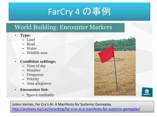 FarCry 4 の事例
Julien Varnier, Far Cry's AI: A Manifesto for Systemic Gameplay
http://archives.nucl.ai/recording/far-crys-ai...