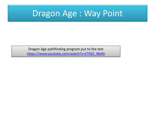 Dragon Age : Way Point
Dragon Age pathfinding program put to the test
https://www.youtube.com/watch?v=l7YQ5_Nbifo
 