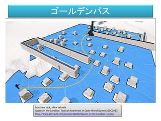 ゴールデンパス
Matthew Jack, Mika Vehkala
Spaces in the Sandbox: Tactical Awareness in Open World Games (GDC2013)
http://www.gdcvault.com/play/1018038/Spaces-in-the-Sandbox-Tactical
 