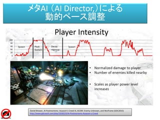 メタＡＩ（自動適応ペーシング）
メタAI （AI Director,）による
動的ペース調整
Daniel Brewer, AI Postmortems: Assassin's Creed III, XCOM: Enemy Unknown, and Warframe (GDC2015)
http://www.gdcvault.com/play/1018223/AI-Postmortems-Assassin-s-Creed
 