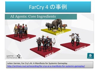 FarCry 4 の事例
Julien Varnier, Far Cry's AI: A Manifesto for Systemic Gameplay
http://archives.nucl.ai/recording/far-crys-ai-a-manifesto-for-systemic-gameplay/
 