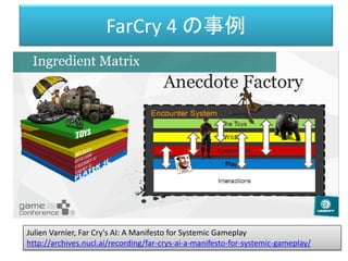 FarCry 4 の事例
Julien Varnier, Far Cry's AI: A Manifesto for Systemic Gameplay
http://archives.nucl.ai/recording/far-crys-ai-a-manifesto-for-systemic-gameplay/
 