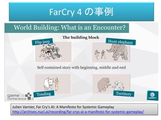 FarCry 4 の事例
Julien Varnier, Far Cry's AI: A Manifesto for Systemic Gameplay
http://archives.nucl.ai/recording/far-crys-ai-a-manifesto-for-systemic-gameplay/
 