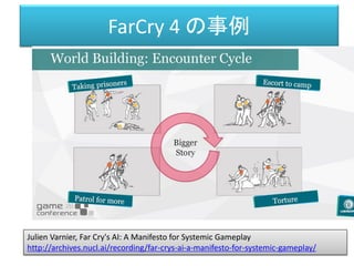 FarCry 4 の事例
Julien Varnier, Far Cry's AI: A Manifesto for Systemic Gameplay
http://archives.nucl.ai/recording/far-crys-ai-a-manifesto-for-systemic-gameplay/
 