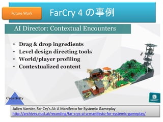 FarCry 4 の事例
Julien Varnier, Far Cry's AI: A Manifesto for Systemic Gameplay
http://archives.nucl.ai/recording/far-crys-ai-a-manifesto-for-systemic-gameplay/
Future Work
 