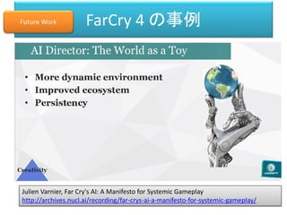 FarCry 4 の事例
Julien Varnier, Far Cry's AI: A Manifesto for Systemic Gameplay
http://archives.nucl.ai/recording/far-crys-ai-a-manifesto-for-systemic-gameplay/
Future Work
 