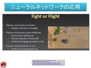 Neural Networks in Supreme Commander 2 (GDC 2012)
Michael Robbins (Gas Powered Games)
http://www.gdcvault.com/play/1015406/Off-the-Beaten-Path-Non
http://www.gdcvault.com/play/1015667/Off-the-Beaten-Path-Non
ニューラルネットワークの応用
 