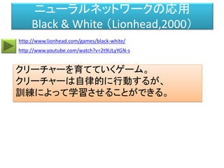 Belief – Desire – Intention モデル
Desire
(Perceptrons)
Opinions
(Decision Trees)
Beliefs
(Attribute List)
Intention
Overall Plan
(Goal, Main Object)
Attack enemy town
Specific Plan
(Goal, Object List)
Throw stone at house
Primitive Action List
Walk towards stone,
Pick it up,
Walk towards house,
Aim at house,
Throw stone at house
Richard Evans, “Varieties of Learning”, 11.2, AI Programming Wisdom
 