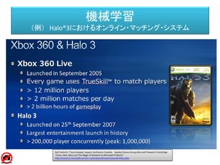 機械学習
（例） Halo®3におけるオンライン・マッチング・システム
• TrusSkill ＝プレイヤーの強さを正規分布の中
央値と標準偏差として扱う。
Ralf Herbrich, Thore Graepel, Joaquin Quiñonero Candela Applied Games Group,Microsoft Research Cambridge
"Forza, Halo, Xbox Live The Magic of Research in Microsoft Products"
http://research.microsoft.com/en-us/projects/drivatar/ukstudentday.pptx
μ : 中央値
σ: 標準偏差
 