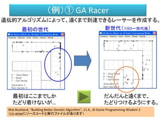 ②シミュレーションとNPCの評価
NPCが生きるゲーム世界の中で、実際に一定時間動作させるなどし
て、製作者がＮＰＣに望む目標に対する評価値（達成値）をつける。
順位 評価値
1位 ８６.３
2位 ７８.４
3位 ７５.３
..…
…
１００位 ３８．２
ゲーム製作者の意図を反映する評価関数を作る
（例） 強いＮＰＣを作りたければ、評価値＝0.7*撃破数＋0.3* 残りＨＰ
取り合えず生き延びることできるＮＰＣなら、 評価値＝生存時間
ゲーム世界
敵
敵
敵
君はこの世界でどれだけ僕が求めるに相応しいのだ？
遺伝子を評価するのではなく、その遺伝子を持つ個体が、
世界でどれだけ優秀であるかを測る。
 