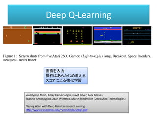 学習過程解析
Volodymyr Mnih, Koray Kavukcuoglu, David Silver, Alex Graves,
Ioannis Antonoglou, Daan Wierstra, Martin Riedmiller (DeepMind Technologies)
Playing Atari with Deep Reinforcement Learning
http://www.cs.toronto.edu/~vmnih/docs/dqn.pdf
 