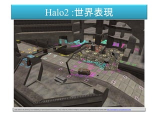 Dude, Where's My Warthog: From Pathfinding to General Spatial Competence, D. Isla, Invited talk, Artificial Intelligence and Interactive Digital Entertainment (AIIDE) 2005
http://naimadgames.com/publications.html
Halo2 :世界表現
 
