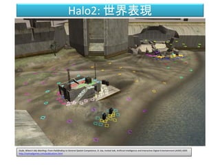 Halo２: 世界表現
Dude, Where's My Warthog: From Pathfinding to General Spatial Competence, D. Isla, Invited talk, Artificial Intelligence and Interactive Digital Entertainment (AIIDE) 2005
http://naimadgames.com/publications.html
 