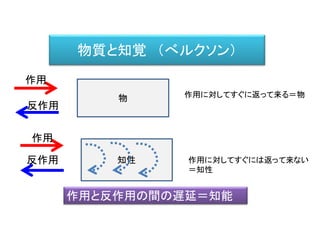 物質と知覚 （べルクソン）
物
作用
反作用
作用に対してすぐに返って来る＝物
知性
作用
反作用
作用と反作用の間の遅延＝知能
作用に対してすぐには返って来ない
＝知性
 