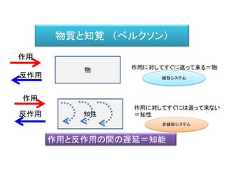 物質と知覚 （べルクソン）
物
作用
反作用
作用に対してすぐに返って来る＝物
知性
作用
反作用
作用と反作用の間の遅延＝知能
作用に対してすぐには返って来ない
＝知性
線形システム
非線形システム
 