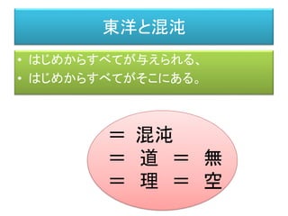 東洋と混沌
• はじめからすべてが与えられる、
• はじめからすべてがそこにある。
＝ 混沌
＝ 道 ＝ 無
＝ 理 ＝ 空
 
