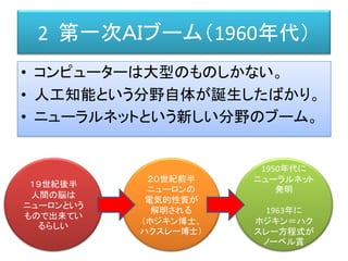 2 第一次ＡＩブーム（1960年代）
• コンピューターは大型のものしかない。
• 人工知能という分野自体が誕生したばかり。
• ニューラルネットという新しい分野のブーム。
１９世紀後半
人間の脳は
ニューロンという
もので出来てい
るらしい
２０世紀前半
ニューロンの
電気的性質が
解明される
（ホジキン博士、
ハクスレー博士）
1950年代に
ニューラルネット
発明
1963年に
ホジキン＝ハク
スレー方程式が
ノーベル賞
 