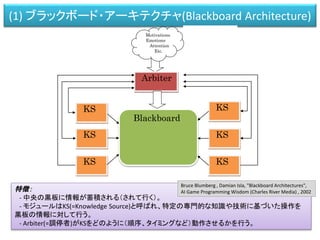 (1) ブラックボード・アーキテクチャ(Blackboard Architecture)
Blackboard
KS
KS
KS
KS
KS
KS
Arbiter
Motivations
Emotions
Attention
Etc.
特徴：
- 中央の黒板に情報が蓄積される（されて行く）。
- モジュールはKS(=Knowledge Source)と呼ばれ、特定の専門的な知識や技術に基づいた操作を
黒板の情報に対して行う。
- Arbiter(=調停者)がKSをどのように（順序、タイミングなど）動作させるかを行う。
Bruce Blumberg , Damian Isla, "Blackboard Architectures",
AI Game Programming Wisdom (Charles River Media) , 2002
 