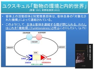 • 客体上の活動担体と知覚微表担体は、客体自身の「対象化さ
れた機構」によって連結されている。
• このようにして、主体と客体を連結する環が閉じられる。わたし
はこれを「機能環」（Funktionskreis）と呼ぶことにしたい。（p.75）
ユクスキュル「動物の環境と内的世界」
(原著：1921, 前野佳彦訳:2012)
 