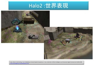 Halo2 :世界表現
Dude, Where's My Warthog: From Pathfinding to General Spatial Competence, D. Isla, Invited talk, Artificial Intelligence and Interactive Digital Entertainment (AIIDE) 2005
http://naimadgames.com/publications.html
 