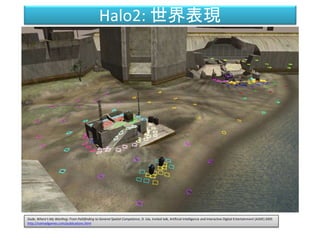 Halo2: 世界表現
Dude, Where's My Warthog: From Pathfinding to General Spatial Competence, D. Isla, Invited talk, Artificial Intelligence and Interactive Digital Entertainment (AIIDE) 2005
http://naimadgames.com/publications.html
 