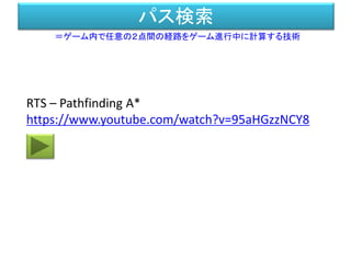 パス検索
＝ゲーム内で任意の２点間の経路をゲーム進行中に計算する技術
RTS – Pathfinding A*
https://www.youtube.com/watch?v=95aHGzzNCY8
 