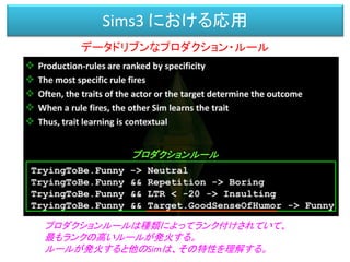 プロダクションルール
プロダクションルールは種類によってランク付けされていて、
最もランクの高いルールが発火する。
ルールが発火すると他のSimは、その特性を理解する。
データドリブンなプロダクション・ルール
Sims3 における応用
 
