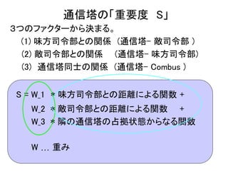 通信塔の「重要度 S」
３つのファクターから決まる。
(1) 味方司令部との関係 (通信塔- 敵司令部 )
(2) 敵司令部との関係 (通信塔- 味方司令部)
(3) 通信塔同士の関係 (通信塔- Combus )
S = W_1 * 味方司令部との距離による関数 +
W_2 * 敵司令部との距離による関数 +
W_3 * 隣の通信塔の占拠状態からなる関数
W … 重み
 