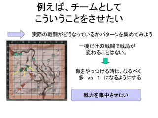 例えば、チームとして
こういうことをさせたい
一機だけの戦闘で戦局が
変わることはない。
敵をやっつける時は、なるべく
多 ｖｓ １ になるようにする
実際の戦闘がどうなっているかパターンを集めてみよう
戦力を集中させたい
 