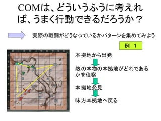 COMは、どういうふうに考えれ
ば、うまく行動できるだろうか？
本拠地から出発
敵の本物の本拠地がどれである
かを偵察
本拠地発見
味方本拠地へ戻る
実際の戦闘がどうなっているかパターンを集めてみよう
例 １
 
